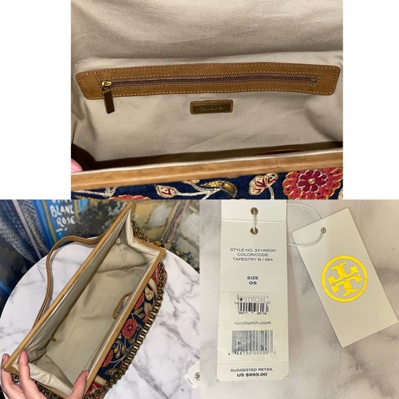 Tory Burch Tapestry Embroidered Barrel Bag Floral Carpet Navy Red Gold GUC - Picture 10 of 14